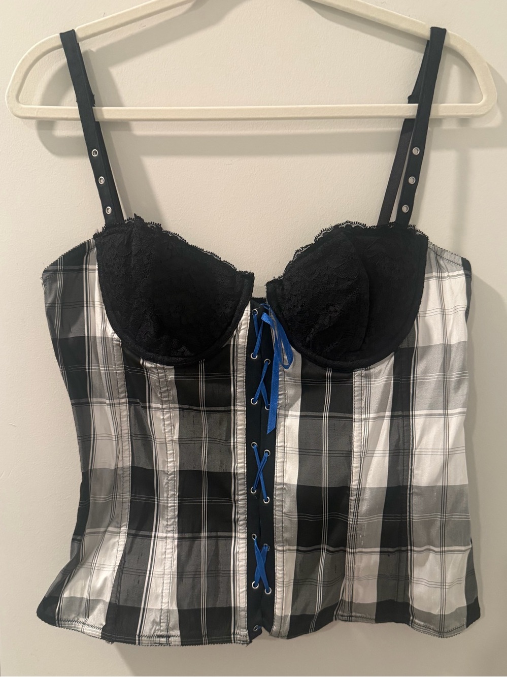 Frederick’s of Hollywood Black White Silk Plaid Lace Corset Bustier Top Size 38